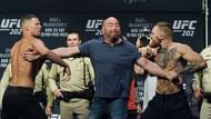 LAS VEGAS, NV - AUGUST 19:  UFC President Dana White (C) separates mixed martial artist Nate Diaz (L) and UFC featherweight champion Conor McGregor (R) as they face off during their weigh-in for UFC 202 at MGM Grand Conference Center on August 19, 2016 in Las Vegas, Nevada. The fighters will meet in a welterweight rematch on August 20, 2016, at T-Mobile Arena in Las Vegas.  (Photo by Ethan Miller/Getty Images)